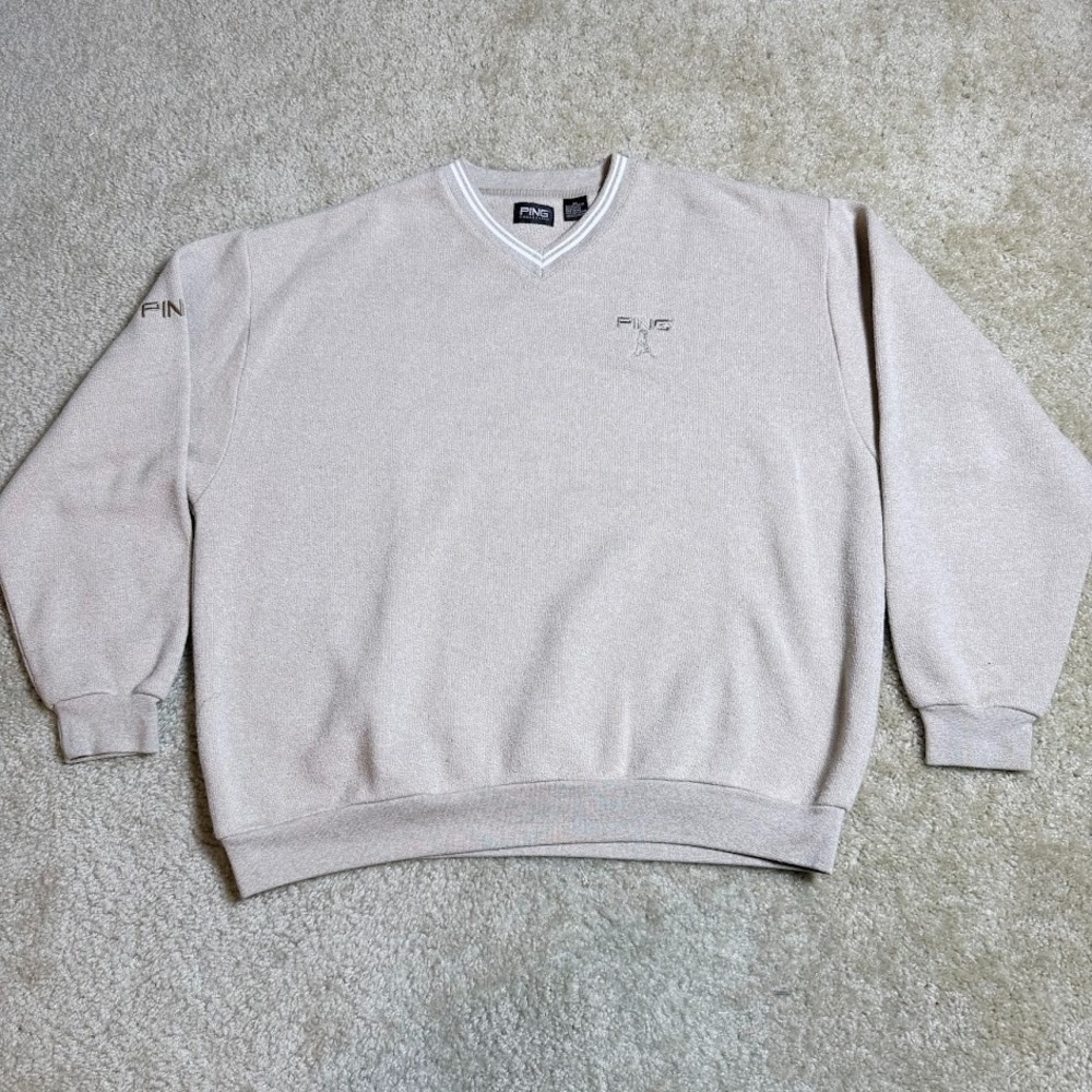 Vintage 90s PING Golf Men's XL Beige V-Neck Sweater Embroidered Golfer Logo